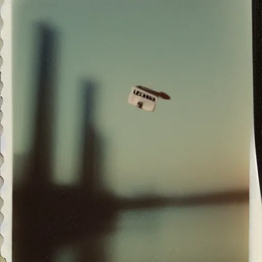 Image similar to an unidentifiable flying object flying through the sky, blurry photo, old polaroid, expired film, historical photo,