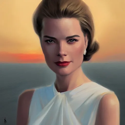 Image similar to a closeup portrait of a grace kelly, dramatic light, lake background, sunset, high contrast, sharp, painted by stanley lau, painted by greg rutkowski, painted by stanley artgerm, digital art, trending on artstation