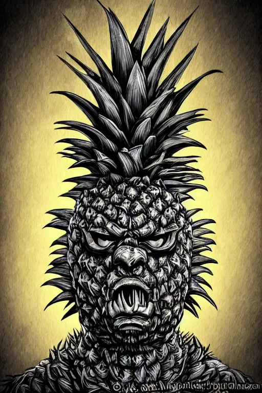 Image similar to screeching pineapple humanoid figure monster wearing themed armour, symmetrical, highly detailed, digital art, sharp focus, trending on art station, kentaro miura manga art style