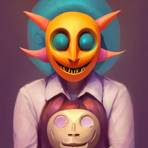 Prompt: a portrait of the happy mask salesman from majora's mask, art by lois van baarle and loish and ross tran and rossdraws and sam yang and samdoesarts and artgerm and saruei and disney, digital art, highly detailed, intricate, sharp focus, trending on artstation hq, deviantart, unreal engine 5, 4 k uhd image