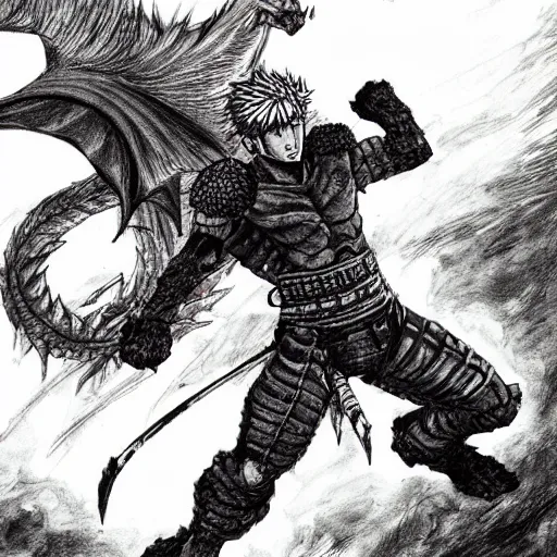 Image similar to guts from berserker fighting a dragon, epic, manga illustration