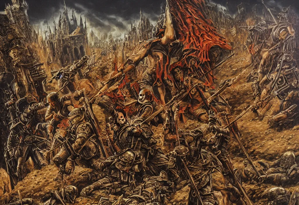 Prompt: ( as the towers got taken and the castle is fled, a fallen solder rises to ambush those who claimed the rushed victory. the blood enriched by iron, penetrated and scorched, one must withhold he celebrated his doom. ), highly conceptual figurative art, intricate detailed oil illustration, controversial postmodern poster art