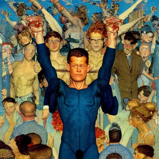 Image similar to marvelous detailed portrait of a ripped physique winged Nephilim Hank Hill Man with a halo standing above new york city. norman rockwell heorhiy narbut jessie wilcox smith beatrix potter joseph leyendecker acrylic painting