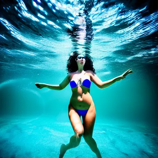 Prompt: a woman in bikini breaking the surface of the water, underwater photography with light scattering and water refractions, smooth