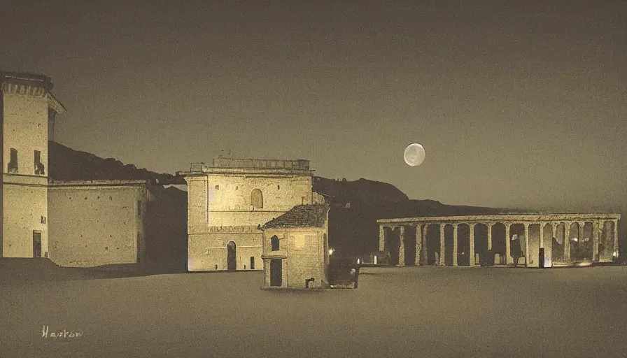 Prompt: italy historical sites at night with moon, by hasui kawase, silent, loneliness, cinematic composition