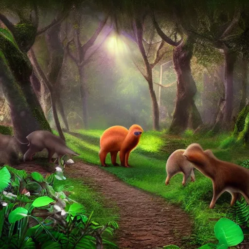 Prompt: magic forest with capybaras and fairies, realistic, 4k