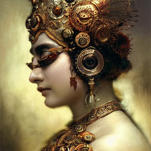 Image similar to detailed potrait of hindu traditional woman blindfolded by high - tech steam punk face armour, girl graceful,, painting by gaston bussiere, craig mullins, j. c. leyendecker, lights, art by ernst haeckel, john william godward, hammershøi,,