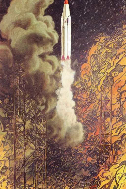 Prompt: photograph of a 1 9 6 0 s era rocket launching and leaving huge plumes of smoke, cinematic, night, rain, by greg rutowrski, by stanley artgerm, by alphonse mucha