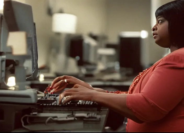 Image similar to cinematic shot of octavia spencer in an small used electronics store hands on an old electronic keyboard, iconic scene from the paranoid thriller sci fi film directed by stanley kubrick, anamorphic cinematography, beautiful composition, color theory, leading lines, photorealistic, moody volumetric light