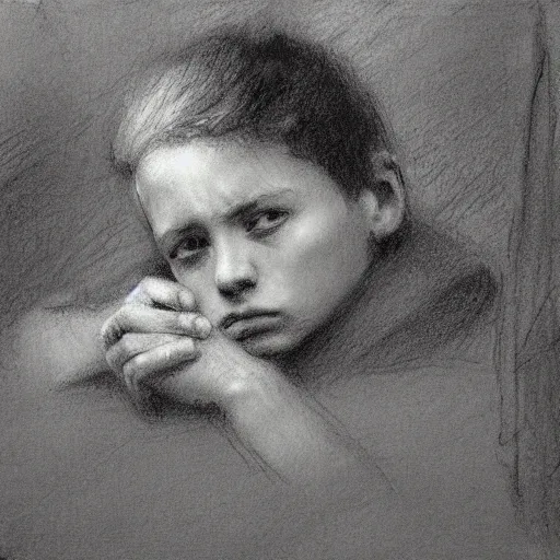 Prompt: portrait drawing of a homeless boy, charcoal, chalk, russian academicism, ilya repin, thomas kennington, dark, mix of hatching and smudging technique, moody, melancholic, hopeless expression, victorian city in the background