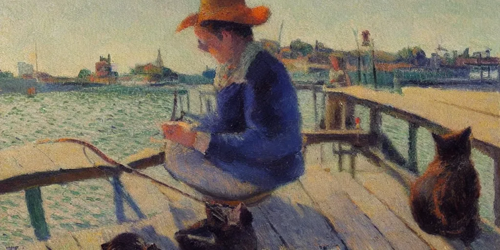 Prompt: cat sitting on the pier fishing, expressive oil painting by christopher radlund and camille pissaro