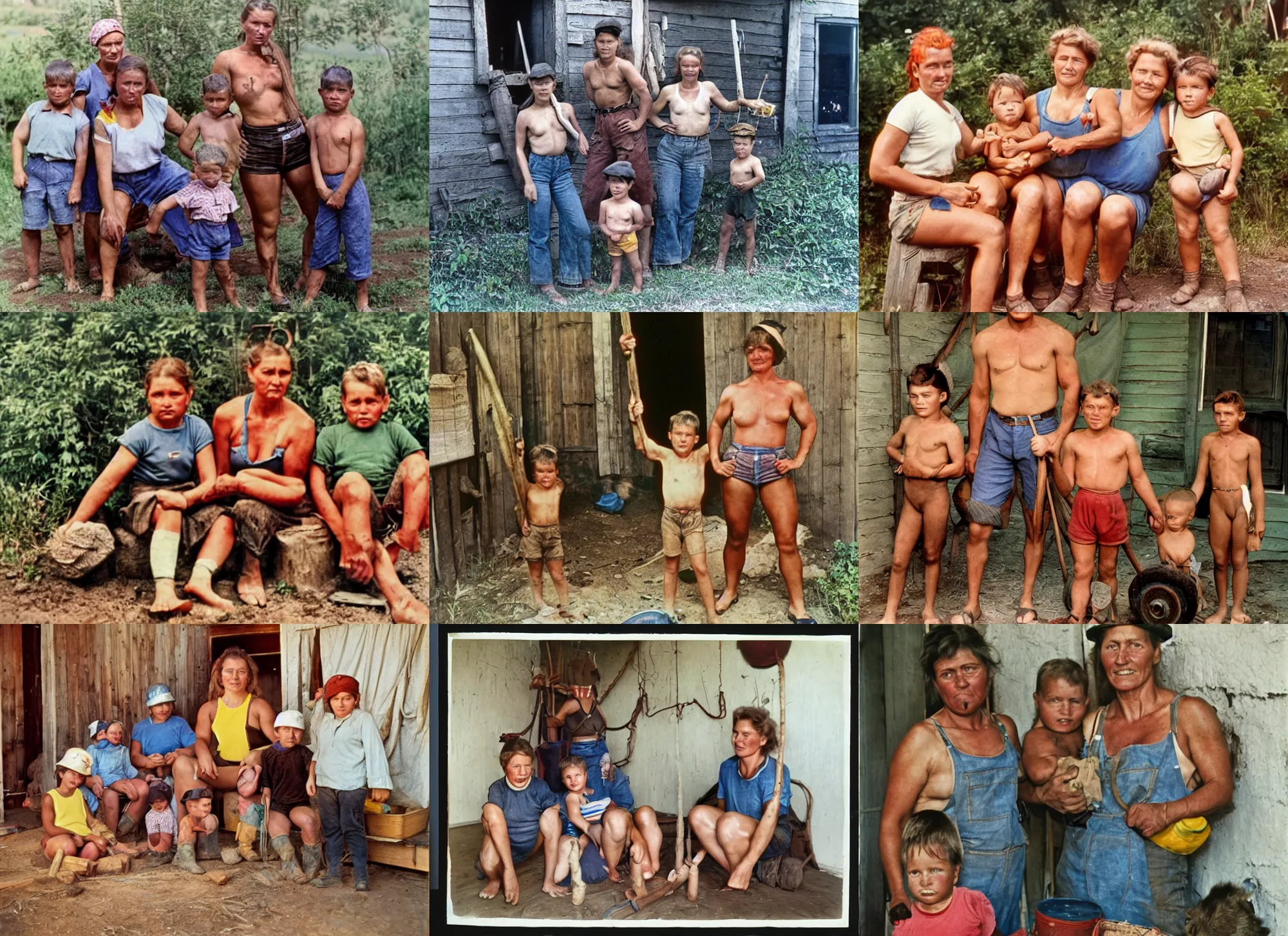 Prompt: A Very Muscular miner Woman at home, her children, summer 90's professional color photograph.