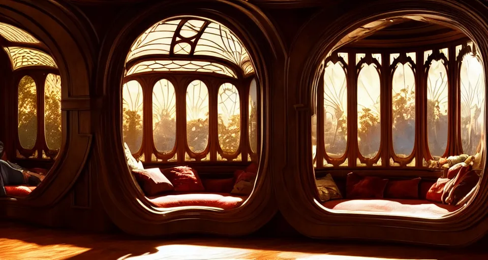 Image similar to An incredibly beautiful scene from a 2022 Marvel film featuring a cozy art nouveau reading nook. 8K UHD.