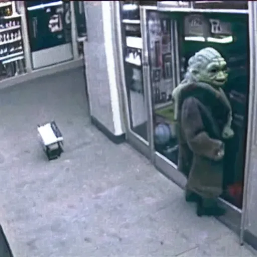 Prompt: CCTV footage of Yoda robbing a store, high detailes