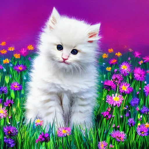 Image similar to cute fluffy kitten sitting in meadow of flowers landscape detailed painting 4 k
