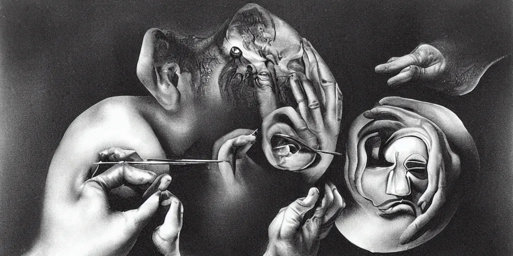 Image similar to a man removing a nail from his third eye by dali
