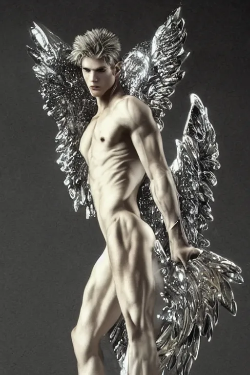 Prompt: white muscular angel with beautiful face, wearing diamond armor, shining light, jewelry, god rays by Amano