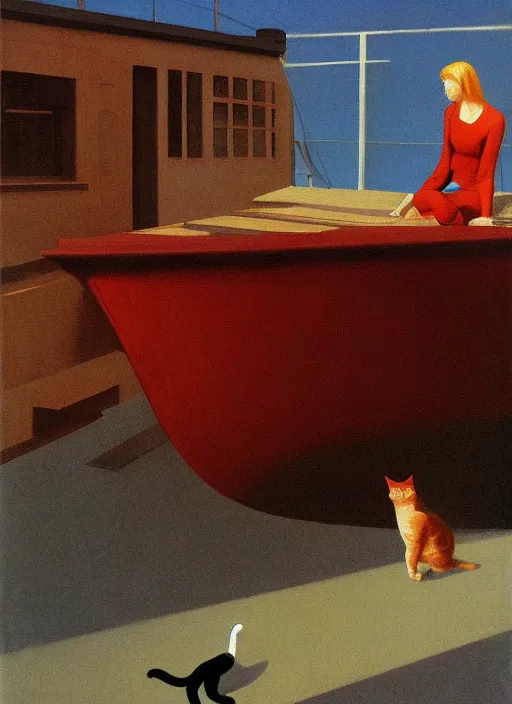 Prompt: woman chasing a cat on a boat Edward Hopper and James Gilleard, Zdzislaw Beksinski, Katsuhuro Otomo highly detailed