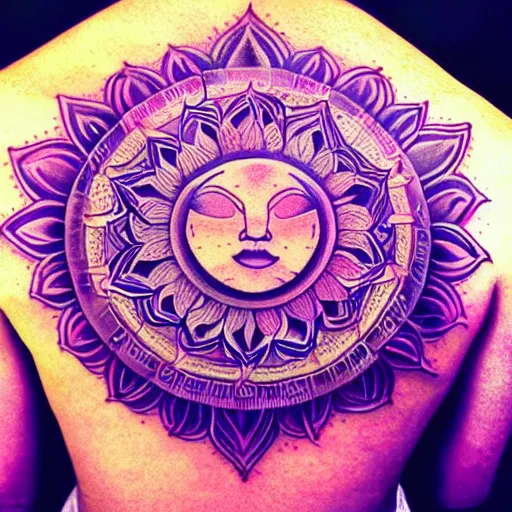 Image similar to a sun and moon mandala, tattoo style, color restoration, orange purples reds, glowing, double exposure, high quality ink