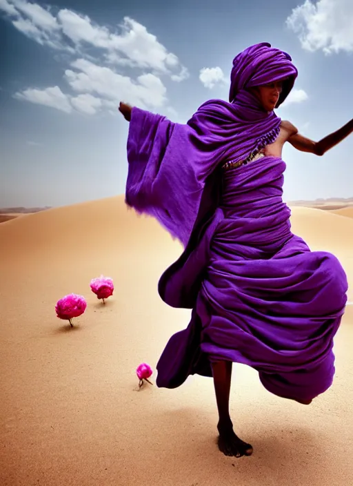 Prompt: many peonies on clothes, full lenght flowing clothes like tornado a old tuareg nomad woman, many fabric, stones near foot, wind, stands on sand, full body shot, flowers buds, dark background, pastel purple colour scheme, masterpiece, photo by steve mccurry, vogue, artstation, moviestill, wide angle lens, sharp