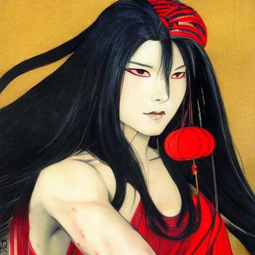 Prompt: portrait of a muscular female fighting shrine maiden miko with long flowing black hair wearing a red hakama over a black leotard, by ross tran, frank frazetta, and tony diterlizzi
