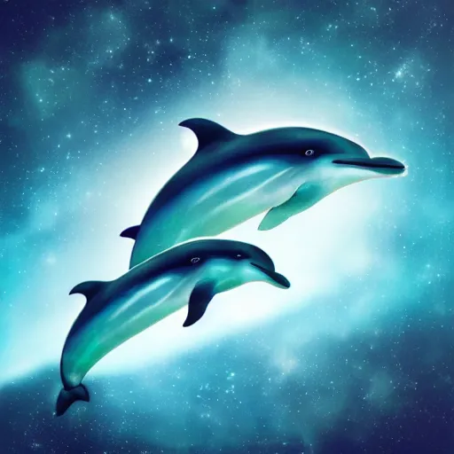 Image similar to Picture of Dolphin flying through space in holographic Detail