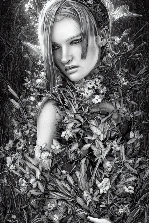 Image similar to plant fairy | digital painting | highly detailed | ultra realistic | dark fantasy | vivid colors | cinematic atmosphere | hyper detailed | black and white | strong lines