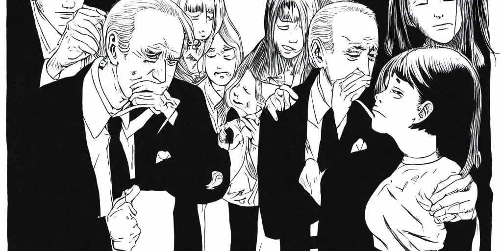 Prompt: Biden sniffs girls hair into his brain, Junji Ito