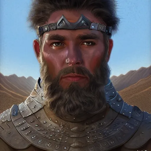 Image similar to a portrait of a paladin in the desert, stern face, D&D, digital painting by Gerald Brom, highly detailed