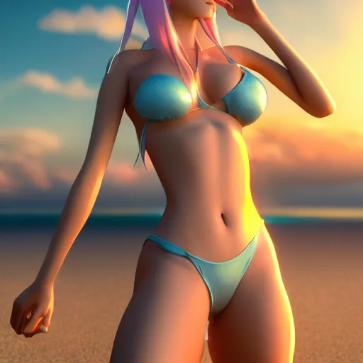 Image similar to Render of a very beautiful 3d anime girl, long sky blue hair, golden eyes, full round face, short smile, very beautiful see through azure bikini, golden hour, serene beach setting, cinematic lightning, medium shot, mid-shot, highly detailed, trending on Artstation, Unreal Engine 4k wallpaper