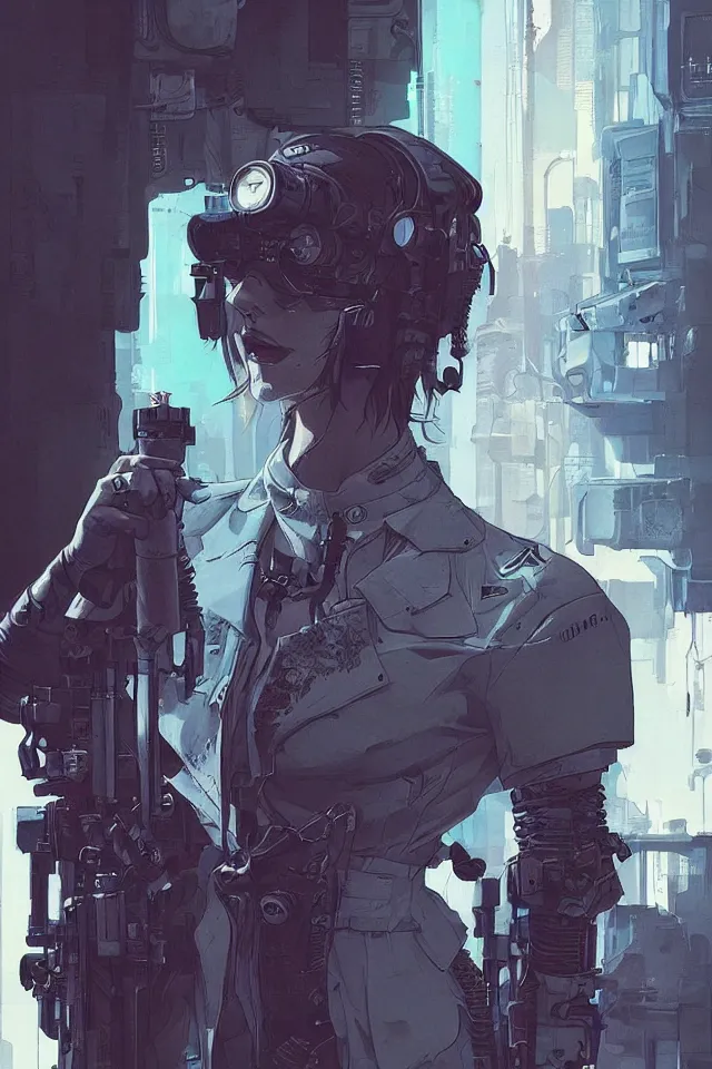 Image similar to very detailed, prophet graphic novel, ilya kuvshinov, rutkowski, simon roy, james jean, illustration of a cyberpunk military woman, colorful, deep shadows, hyperrealism, photorealistic