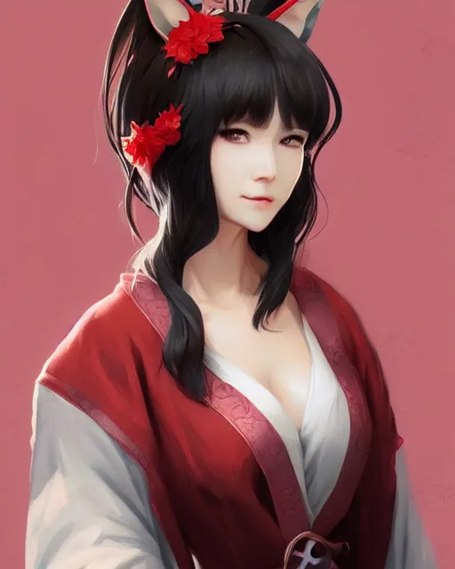 Prompt: Ssunbuki as a woman with fox ears and a red kimono, visualartzi, korean, concept art by Karla Ortiz, James Paick, Charlie Bowater, Krenz Cushart, highly detailed, ultra detailed, ultra realistic, trending on artstation, cgstudio