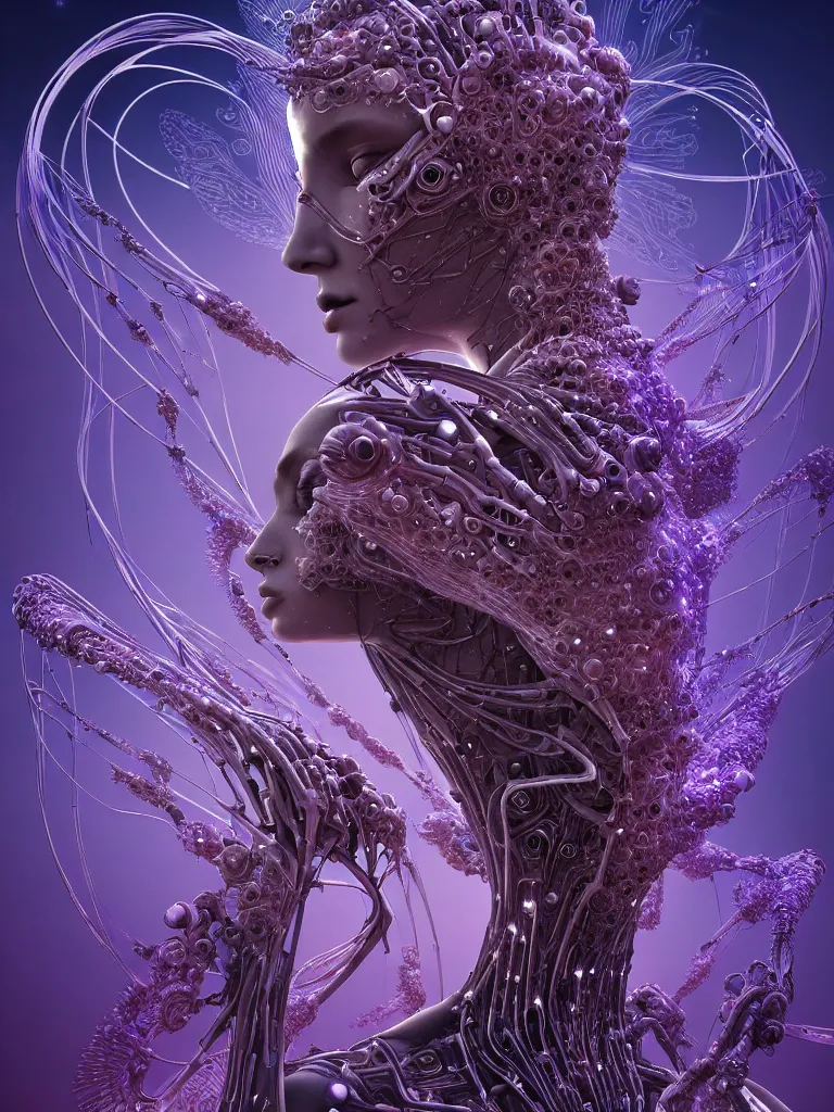 Image similar to futuristic ai cult, ethereal biomech race, deep quantum design, wings, flowers, wires and veins, ferrofluid, bismuth, city, unsettling, heartbreaking and enthralling, style blend of hideo kojima, shojo manga, mobius and botticelli, 4 k photorealistic, ultra fine inklines