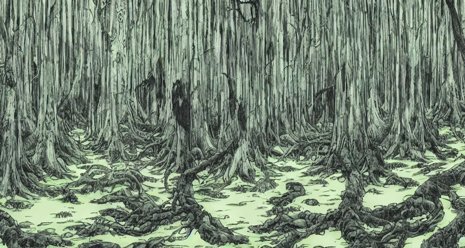 Prompt: A dense and dark enchanted forest with a swamp, by Hajime Isayama