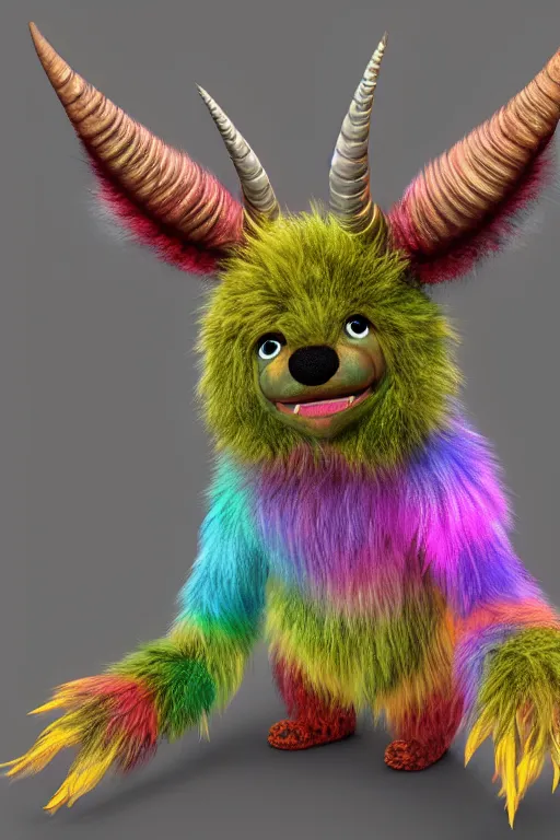 Prompt: a highly detailed full body 3 d model of a multicolored furry monster with fuzzy horns, a character portrait by jim henson, concept art, character concept, behance contest winner, daz 3 d, cgsociety, octane, behance hd, vibrant, dark rainbow colored fur, deviantart colorful, centered, matte background