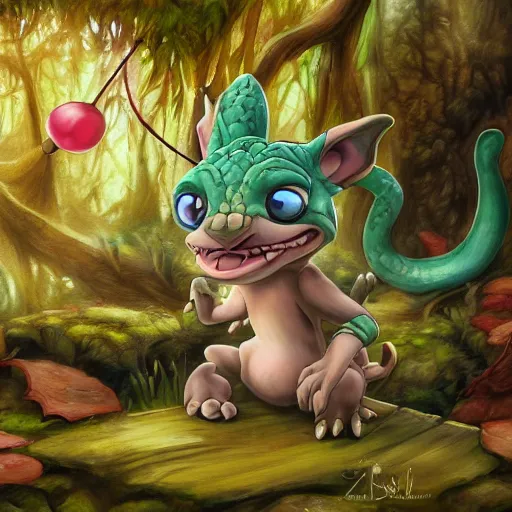 Image similar to beautiful painting of a cute chibi kobold, with rosy cheeks, in a forest. in the style of don bluth, disney, and hans zatzka. color harmony, 8 k detail, gallery quality, hd wallpaper, premium prints available.