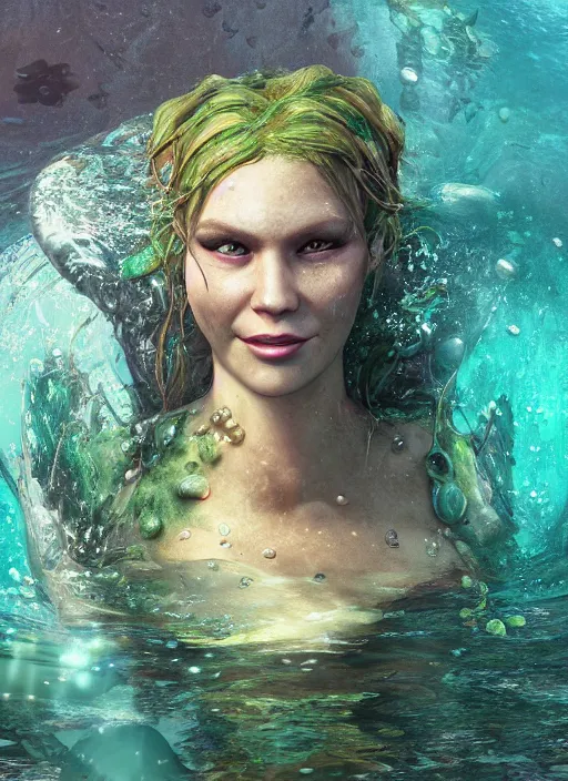 Image similar to underwater portrait of shrek as the mermaid, apocalypse, naturel, hyper detailed, digital art, trending in artstation, cinematic lighting, studio quality, smooth render, unreal engine 5 rendered, octane rendered, art style by klimt and nixeu and ian sprigger and wlop and krenz cushart.