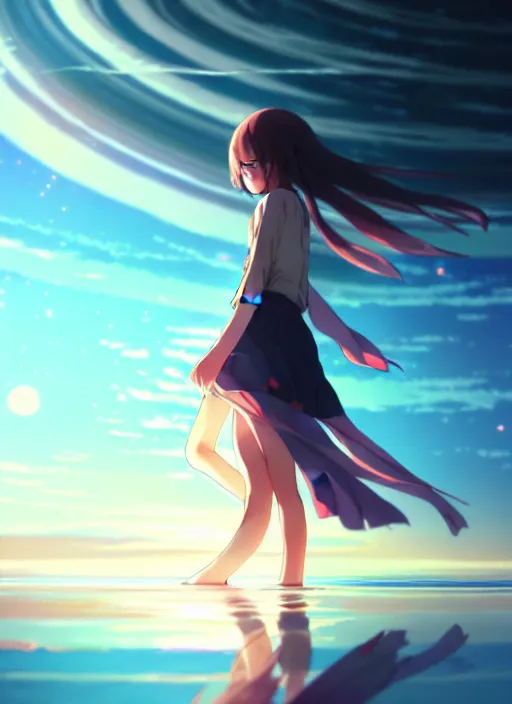 Image similar to anime girl walking on water, ripples, backdrop of dawn, saturn in the background, illustration, concept art, anime, key visual, trending pixiv fanbox by wlop and greg rutkowski and makoto shinkai and studio ghibli