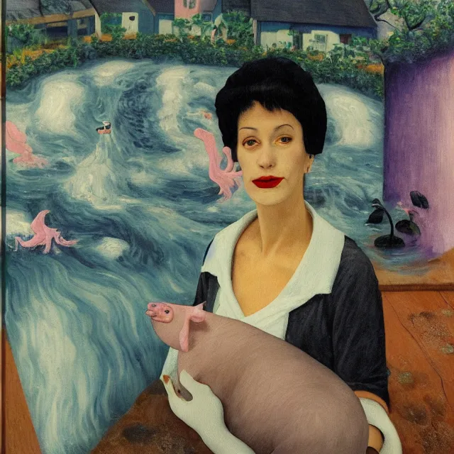 Prompt: tall female emo artist holding a pig in her flooded bathroom, mushrooms, octopus, water gushing from ceiling, painting of flood waters inside an artist's bathroom, a river flooding indoors, pomegranates, pigs, ikebana, zen, river, rapids, waterfall, black swans, canoe, berries, acrylic on canvas, surrealist, by magritte and monet