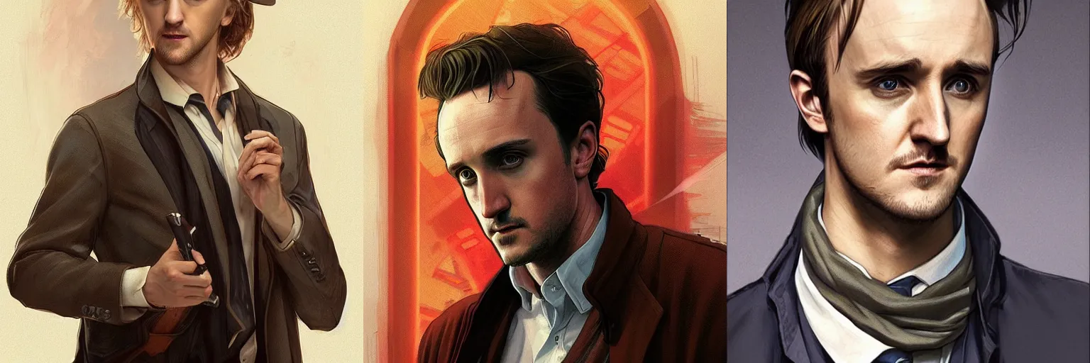 Prompt: portrait of Tom Felton as a detective, highly detailed, digital painting, artstation, concept art, sharp focus, illustration, art by artgerm and greg rutkowski and alphonse mucha