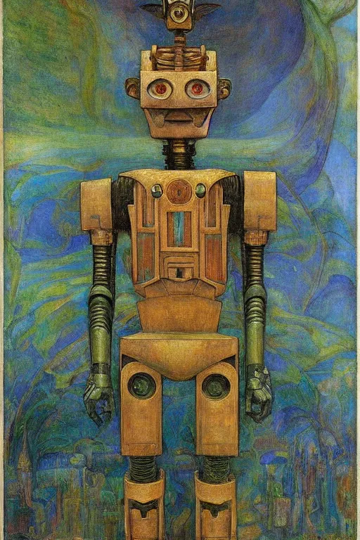 Prompt: the robot in his regalia, by Annie Swynnerton and Diego Rivera and Elihu Vedder, symbolist, dramatic lighting, elaborate geometric ornament, Art Brut, soft blues and greens,smooth, sharp focus, extremely detailed, Adolf Wölfli