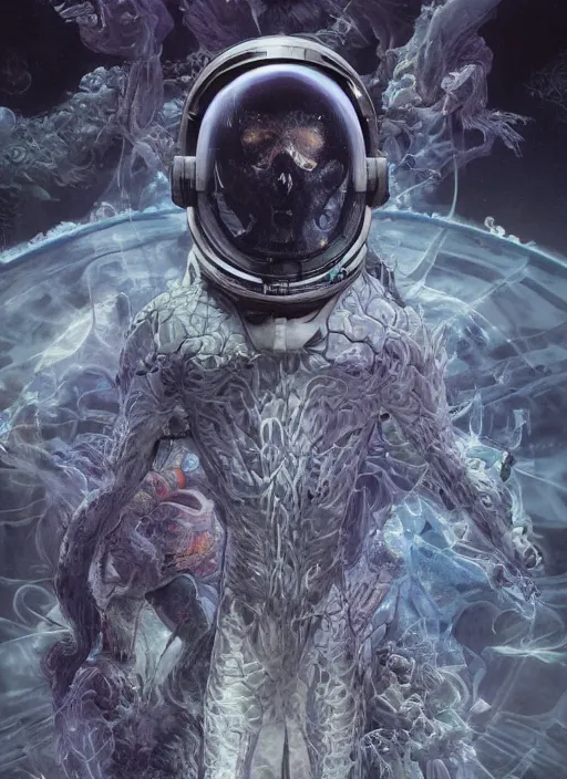 Image similar to astronauts in the dark infinite underwater void - complex and hyperdetailed technical suit, fabric material. reflection and dispersion materials. rays and dispersion of light. volumetric light. wide angle, f / 3 2. noise film photo. flash photography. ultra realistic, wide angle. poster by wayne barlowe, hajime sorayama aaron horkey, craig mullins