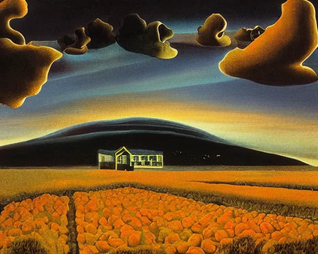 Image similar to A Salvador Dali painting of a small Indiana mushroom farm, Multi Toned, Volumetric Lighting, Dark Sky, Rule of Threes, Award Winning Art