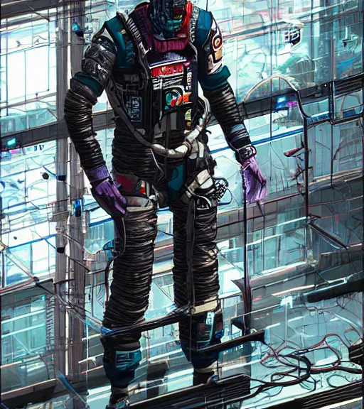 Image similar to realistic cyberpunk japanese engineer with long limbs and a black spacesuit welding a wall, techwear, dead space, visible face, Industrial Scifi, detailed illustration, character portrait, by Martin Grip and Moebius