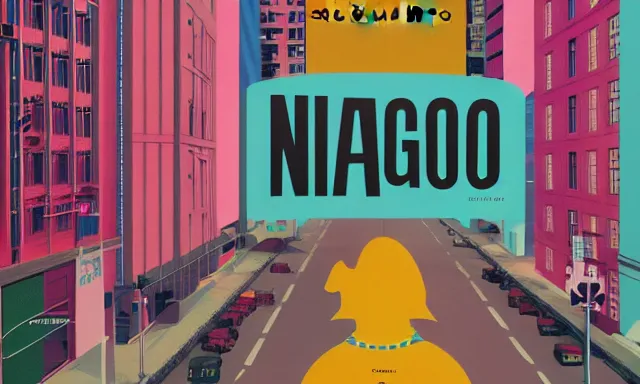 Prompt: Nagoya, a poster design for a contemporary graphic design exhibition, by Wes Anderson, KAWS, open negative space, clean color and neon fluorescent airbrush accents graphic design volumetric octane render