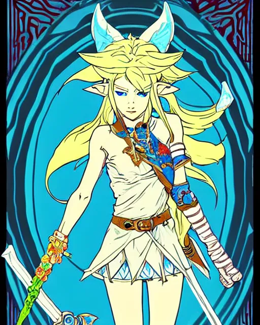 Image similar to link as the fierce diety form with white hair!! from the legend of zelda!! portrait illustration, pop art, splash painting, art by geof darrow, ashley wood, alphonse mucha, makoto shinkai