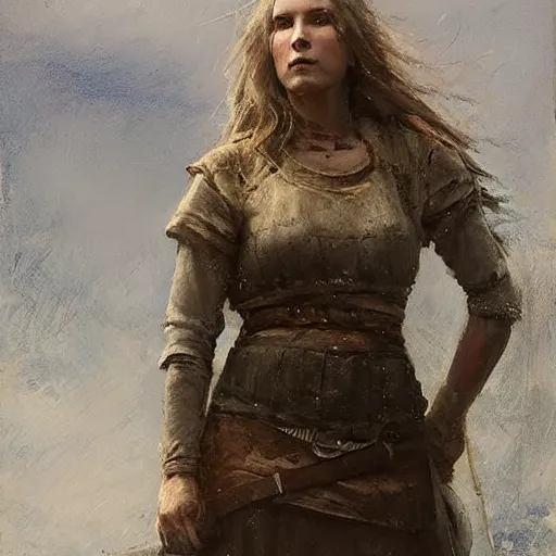 Image similar to Richard Schmid and Jeremy Lipking full length portrait painting of A shield-maiden (Old Norse: skjoldmø [ˈskjɑldˌmɛːz̠]) was a female warrior from Scandinavian folklore and mythology. Shield-maidens are often mentioned in sagas such as Hervarar saga ok Heiðreks and in Gesta Danorum. They also appear in stories of other Germanic peoples: Goths, Cimbri, and Marcomanni.[1] The mythical Valkyries may have been based on such shield-maidens. She carries a shield on one arm, and a spear in her other hand