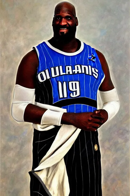 Prompt: full body portrait of shaquille o'neil as the dictator of the orlando magic, 1 8 8 9, in full military garb, magic blue, silver, and black,, oil on canvas by william sidney mount, trending on artstation