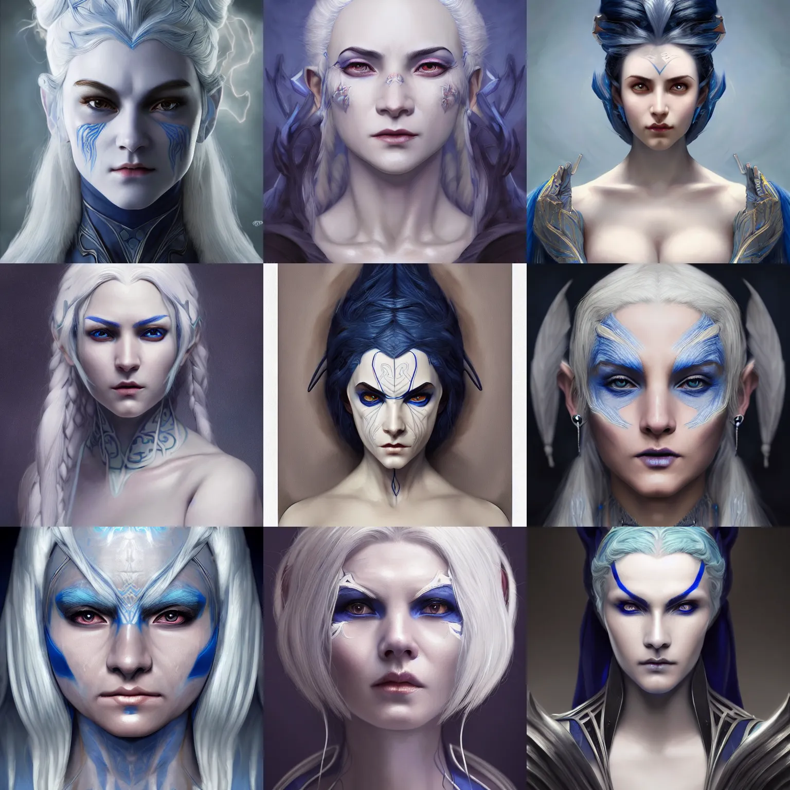 Prompt: dunmer sage with blue skin and white hair intricate portrait by artgerm and wlop and William-Adolphe Bouguereau, very coherent symmetrical artwork. Cinematic, hyper realism, high detail 8k