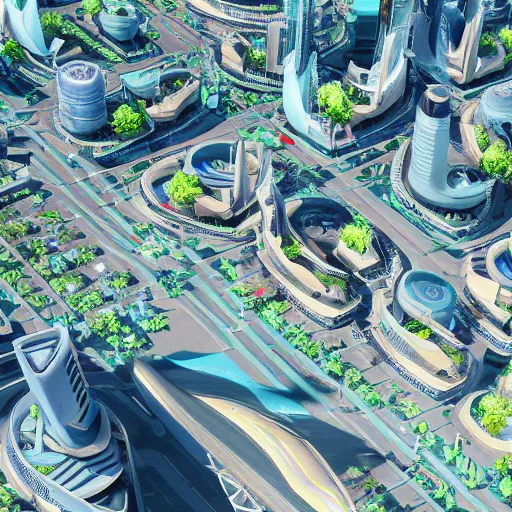 Image similar to futuristic city on a river, sunny day, aerial view, hyperdetailed, sharp, artstation, octane render